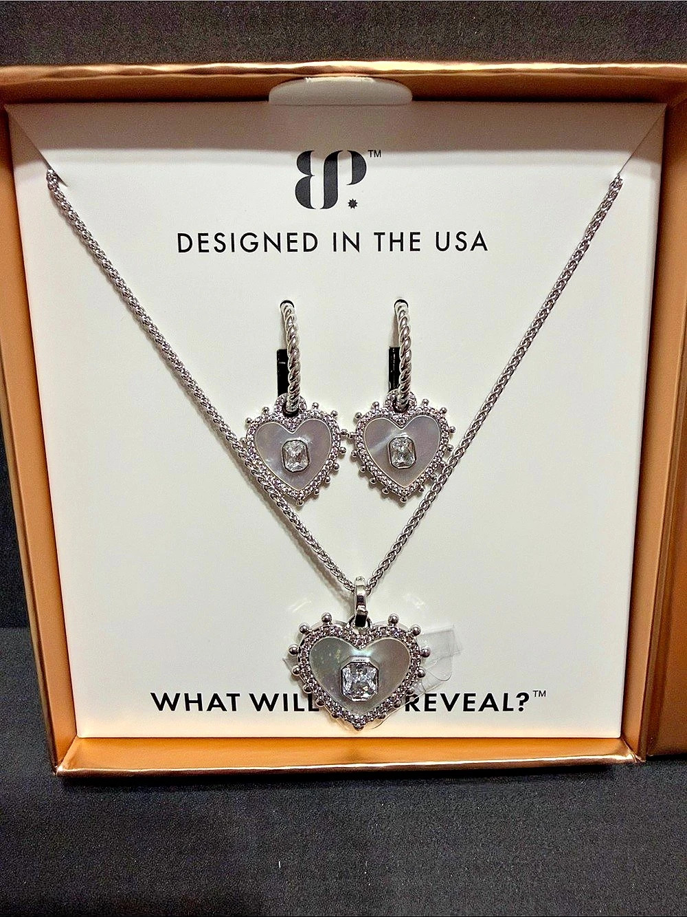BP Gem Society Love's Reflection Heart Pendant Jewelry Set Silver NWT